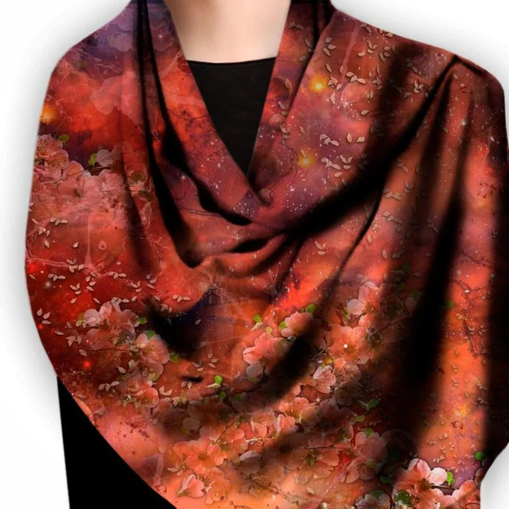 Deep Orange & Pink Petals Square Pure Silk Scarf Wrap - Picture 9 of 11
